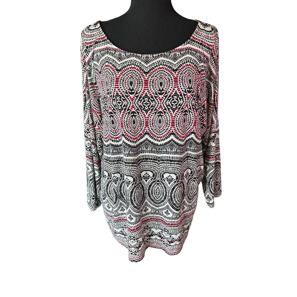 Chico's Size 3 —3/4 Sleeve Lightweight Rayon Spandex Black‎ Red White